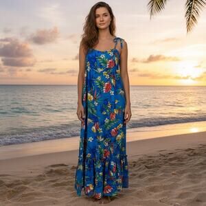 Hilo Hatties Vintage Hawaiian Maxi‎ Dress Tie Straps Blue Monstera Print Medium